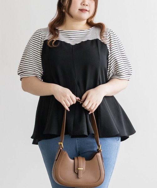 CLETTE(クレット)の「CLETTEオリジナルボーダードッキングペプラムトップス(Tシャツ/カットソー・レディース・ブルー/ブラック・LL/3L/4L)」の1枚目の写真