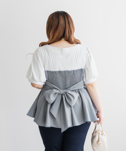 CLETTE(クレット)の「CLETTEオリジナルボーダードッキングペプラムトップス(Tシャツ/カットソー・レディース・ブルー/ブラック・LL/3L/4L)」の10枚目の写真