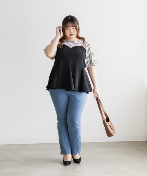 CLETTE(クレット)の「CLETTEオリジナルボーダードッキングペプラムトップス(Tシャツ/カットソー・レディース・ブルー/ブラック・LL/3L/4L)」の5枚目の写真