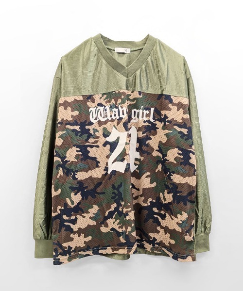 セール】迷彩柄ナンバープリントトップス（Tシャツ/カットソー）｜Riff