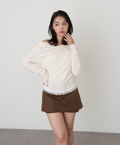 RAY CASSIN（レイカズン）の「ワンショルレースロンTシャツ（Tシャツ/カットソー・レディース・アイボリー/ブラック/グレー・FREE）」の10枚目の写真