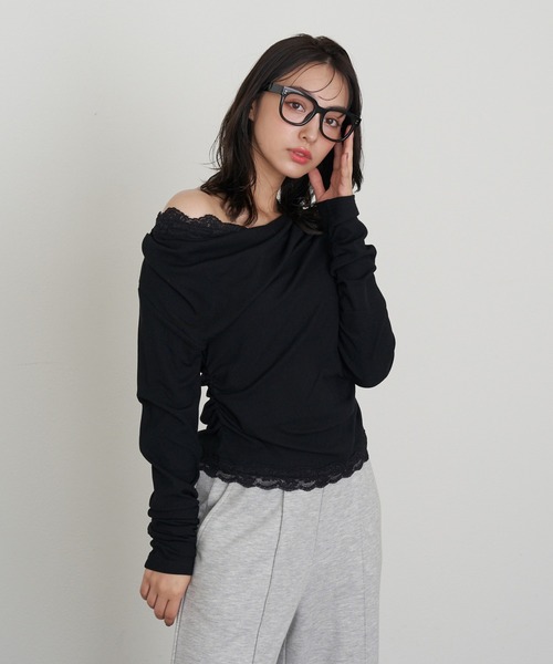 RAY CASSIN（レイカズン）の「ワンショルレースロンTシャツ（Tシャツ/カットソー・レディース・アイボリー/ブラック/グレー・FREE）」の8枚目の写真