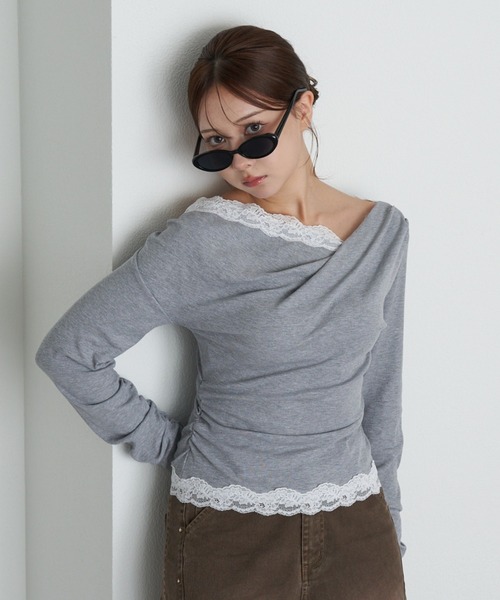 RAY CASSIN（レイカズン）の「ワンショルレースロンTシャツ（Tシャツ/カットソー・レディース・アイボリー/ブラック/グレー・FREE）」の17枚目の写真