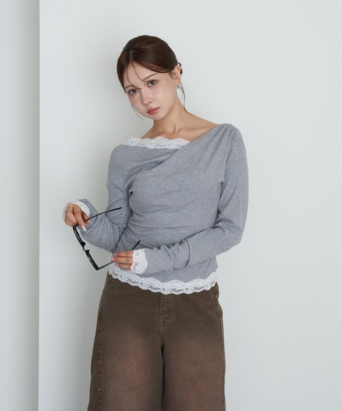 RAY CASSIN（レイカズン）の「ワンショルレースロンTシャツ（Tシャツ/カットソー・レディース・アイボリー/ブラック/グレー・FREE）」の21枚目の写真