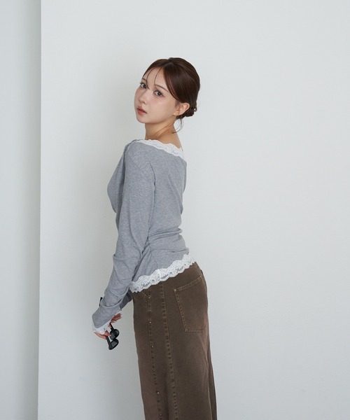 RAY CASSIN（レイカズン）の「ワンショルレースロンTシャツ（Tシャツ/カットソー・レディース・アイボリー/ブラック/グレー・FREE）」の22枚目の写真