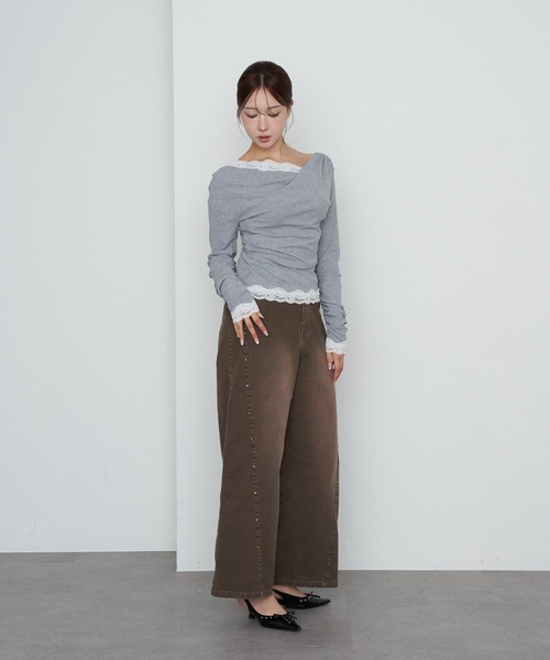 RAY CASSIN（レイカズン）の「ワンショルレースロンTシャツ（Tシャツ/カットソー・レディース・アイボリー/ブラック/グレー・FREE）」の20枚目の写真