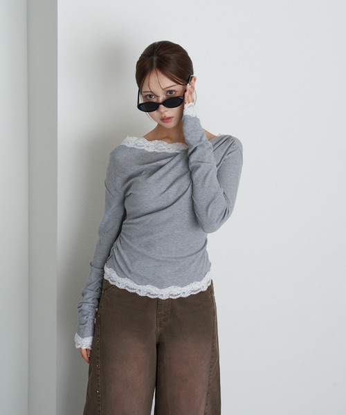 RAY CASSIN（レイカズン）の「ワンショルレースロンTシャツ（Tシャツ/カットソー・レディース・アイボリー/ブラック/グレー・FREE）」の18枚目の写真