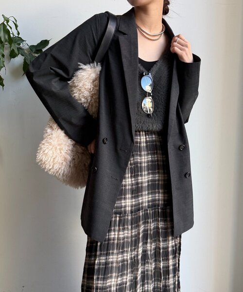 DOUDOU ドゥドゥ シアーダブルブレストテーラードジャケット 黒 春夏 DouDou（ドゥドゥ） ジャケット テーラードジャケット シャンブレー