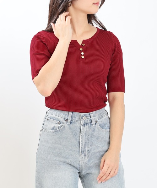 TRUDEA(トルディア)の「ヘンリーネックリブ半袖ニット(ニット/セーター・レディース・ネイビー/ホワイト/チャコールグレー/レッド・MEDIUM/LARGE)」の8枚目の写真
