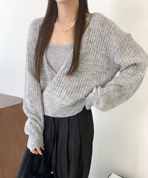 Lace Ladies(レースレディース)の「【2点セット】カシュクール レイヤード リブ ニット プルオーバー(ニット/セーター・レディース・アイボリー/ダークグレー/ライトグレー・FREE)」の1枚目の写真