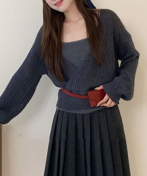 Lace Ladies(レースレディース)の「【2点セット】カシュクール レイヤード リブ ニット プルオーバー(ニット/セーター・レディース・アイボリー/ダークグレー/ライトグレー・FREE)」の6枚目の写真