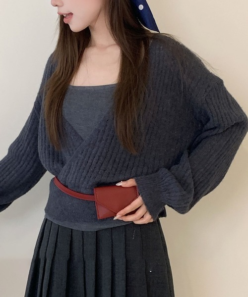 Lace Ladies(レースレディース)の「【2点セット】カシュクール レイヤード リブ ニット プルオーバー(ニット/セーター・レディース・アイボリー/ダークグレー/ライトグレー・FREE)」の7枚目の写真