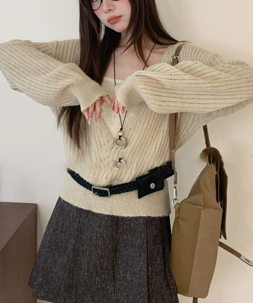 Lace Ladies(レースレディース)の「【2点セット】カシュクール レイヤード リブ ニット プルオーバー(ニット/セーター・レディース・アイボリー/ダークグレー/ライトグレー・FREE)」の12枚目の写真