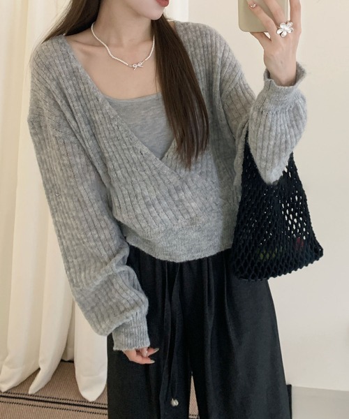 Lace Ladies(レースレディース)の「【2点セット】カシュクール レイヤード リブ ニット プルオーバー(ニット/セーター・レディース・アイボリー/ダークグレー/ライトグレー・FREE)」の14枚目の写真
