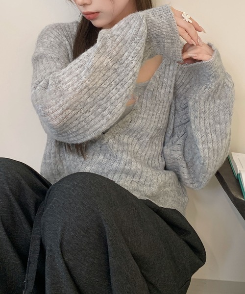 Lace Ladies(レースレディース)の「【2点セット】カシュクール レイヤード リブ ニット プルオーバー(ニット/セーター・レディース・アイボリー/ダークグレー/ライトグレー・FREE)」の16枚目の写真
