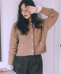 クルーネック」に該当するレディースのカーディガン/ボレロ（ベージュ