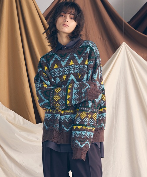 MAISON SPECIAL(メゾンスペシャル)の「《UNISEX》Nordic Damage Jacquard Prime-Over Crew Neck Knit Pullover/ノルディックダメージジャガードプライムオーバークルーネックニットプルオーバー【MAISON SPECIAL/メゾンスペシャル】(ニット/セーター・メンズ・ブラック/チャコールグレー/ブラウン・0/1/2)」の1枚目の写真