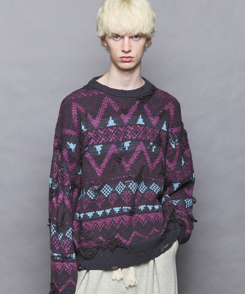 MAISON SPECIAL(メゾンスペシャル)の「《UNISEX》Nordic Damage Jacquard Prime-Over Crew Neck Knit Pullover/ノルディックダメージジャガードプライムオーバークルーネックニットプルオーバー【MAISON SPECIAL/メゾンスペシャル】(ニット/セーター・メンズ・ブラック/チャコールグレー/ブラウン・0/1/2)」の3枚目の写真