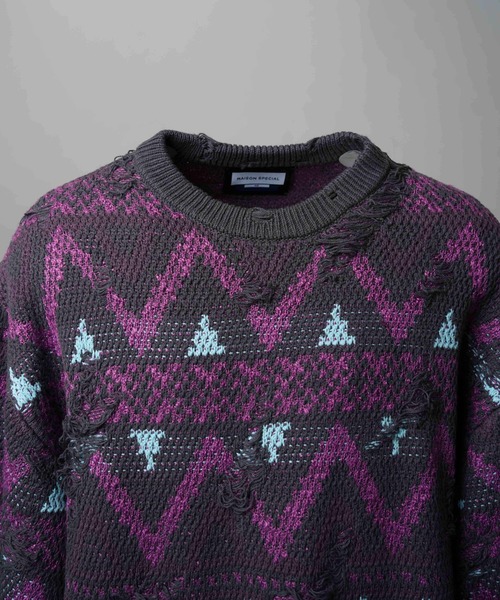 MAISON SPECIAL(メゾンスペシャル)の「《UNISEX》Nordic Damage Jacquard Prime-Over Crew Neck Knit Pullover/ノルディックダメージジャガードプライムオーバークルーネックニットプルオーバー【MAISON SPECIAL/メゾンスペシャル】(ニット/セーター・メンズ・ブラック/チャコールグレー/ブラウン・0/1/2)」の9枚目の写真