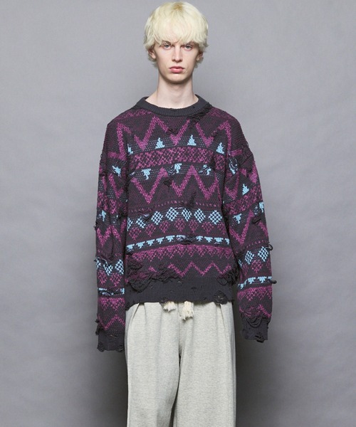 MAISON SPECIAL(メゾンスペシャル)の「《UNISEX》Nordic Damage Jacquard Prime-Over Crew Neck Knit Pullover/ノルディックダメージジャガードプライムオーバークルーネックニットプルオーバー【MAISON SPECIAL/メゾンスペシャル】(ニット/セーター・メンズ・ブラック/チャコールグレー/ブラウン・0/1/2)」の20枚目の写真
