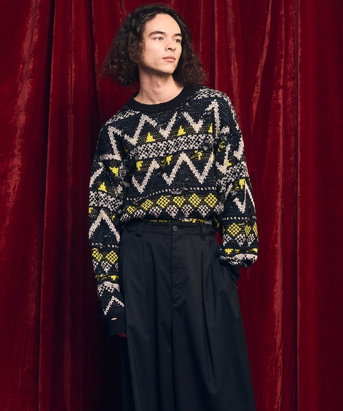 セール】《UNISEX》Nordic Damage Jacquard Prime-Over Crew Neck Knit
