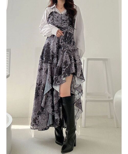 MERCURYDUO（マーキュリーデュオ）の「シャツドッキングコルセットアシメヘムワンピース（ワンピース・レディース・カーキ/チャコールグレー・SMALL/MEDIUM）」の2枚目の写真