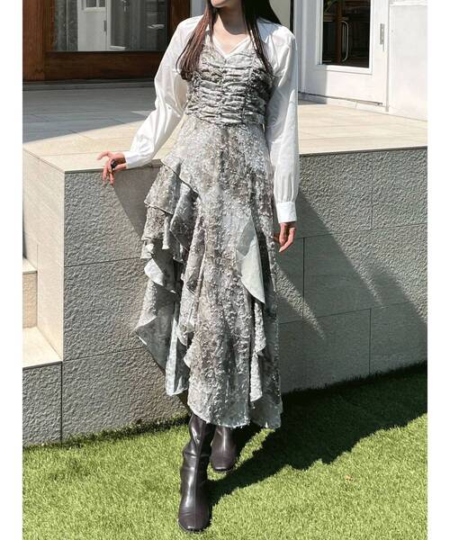 MERCURYDUO（マーキュリーデュオ）の「シャツドッキングコルセットアシメヘムワンピース（ワンピース・レディース・カーキ/チャコールグレー・SMALL/MEDIUM）」の5枚目の写真