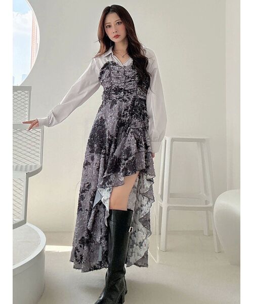 MERCURYDUO（マーキュリーデュオ）の「シャツドッキングコルセットアシメヘムワンピース（ワンピース・レディース・カーキ/チャコールグレー・SMALL/MEDIUM）」の11枚目の写真