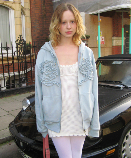 Rose Frill Oversized-Fit Hooded Zip-Up (Blue)（パーカー）｜SINOON