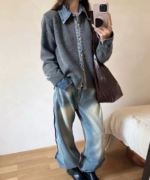 FUNdaysion(ファンデイション)の「デニムドッキングニットカーディガン(ニット/セーター・レディース・ライトグレー/ネイビー/ブラウン/ダークグレー・M)」の8枚目の写真