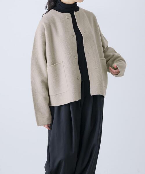 かぐれ　ウールショートジャケット　チャコール 圧縮ウールショートジャケット（ノーカラージャケット）｜かぐれ