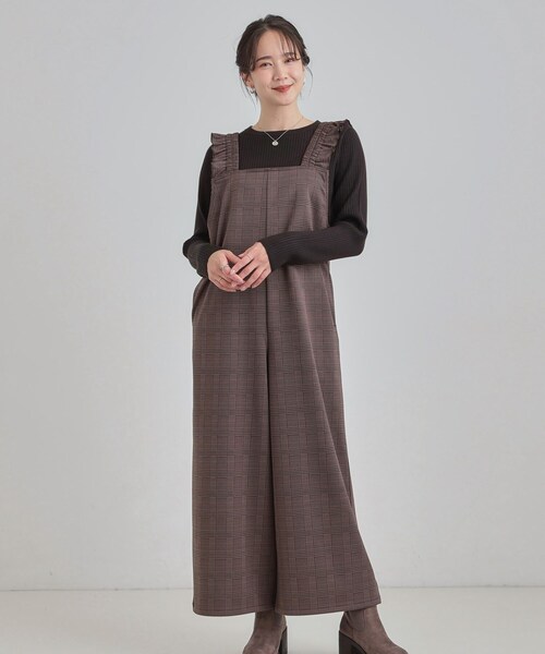 DRESKIP（ドレスキップ）の「【あったか】大人のための チェック柄フリルサロペット（サロペット/オーバーオール・レディース・ダークブラウン系1/グレー系1・01/02/03/04）」の7枚目の写真