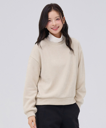 レディースニットライク刺繍スウェットTシャツ-ベージュ