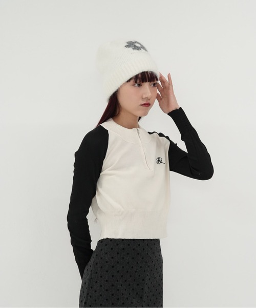 cunii 】ハーフジップ クロップド ニット トップス 長袖 配色 ラグラン