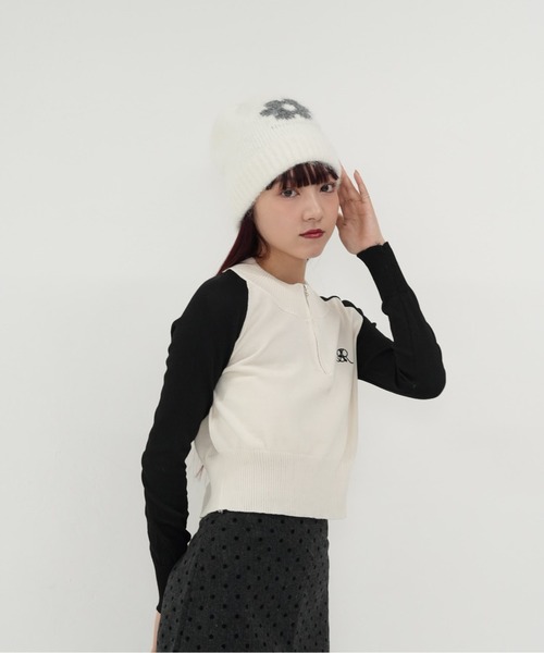 cunii 】ハーフジップ クロップド ニット トップス 長袖 配色 ラグラン