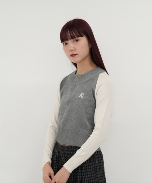 cunii 】ハーフジップ クロップド ニット トップス 長袖 配色 ラグラン