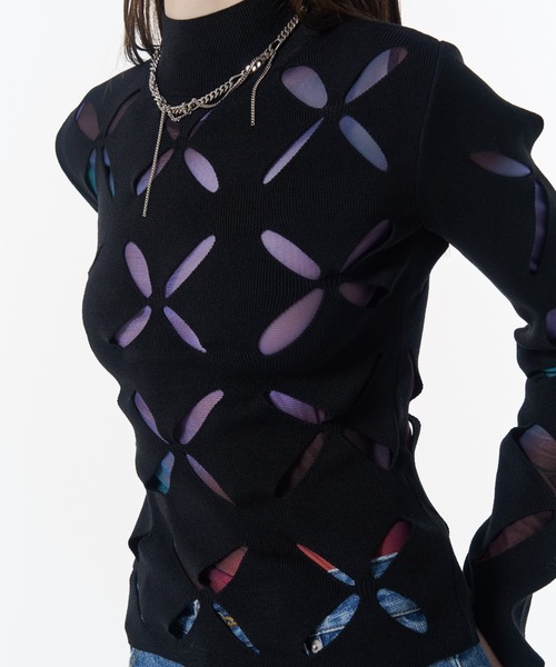 JOSE MOON(ジョゼムーン)の「LACE KNITTING TOP/レースカッティングトップス(ニット/セーター・レディース・ホワイト/イエロー系その他/サックスブルー/ブラック・FREE)」の9枚目の写真