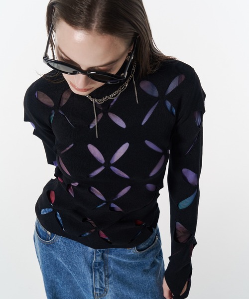 JOSE MOON(ジョゼムーン)の「LACE KNITTING TOP/レースカッティングトップス(ニット/セーター・レディース・ホワイト/イエロー系その他/サックスブルー/ブラック・FREE)」の5枚目の写真