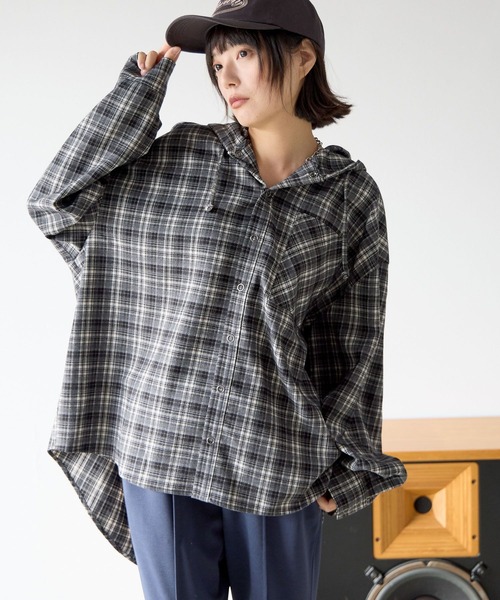 PBLIM（ページボーイリム）の「《UNISEX》チェックフードシャツ（シャツ/ブラウス・レディース・グレー/ブラック・FREE）」の3枚目の写真