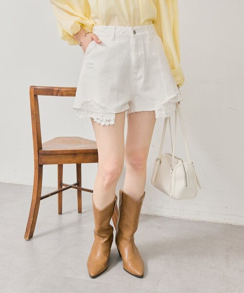 mystic（ミスティック）の「レースポケットショートパンツ（デニムパンツ・レディース・ネイビー/オフホワイト・FREE）」の5枚目の写真