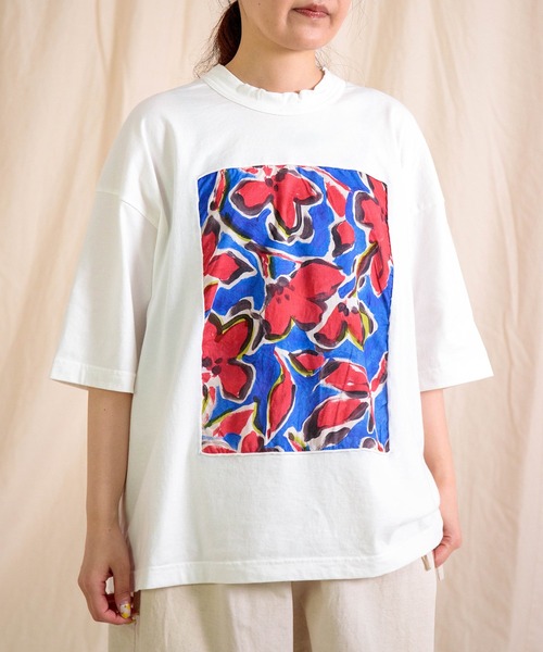 prit] 天竺×ローンラフボタニカルプリント 5分袖フレームTシャツ