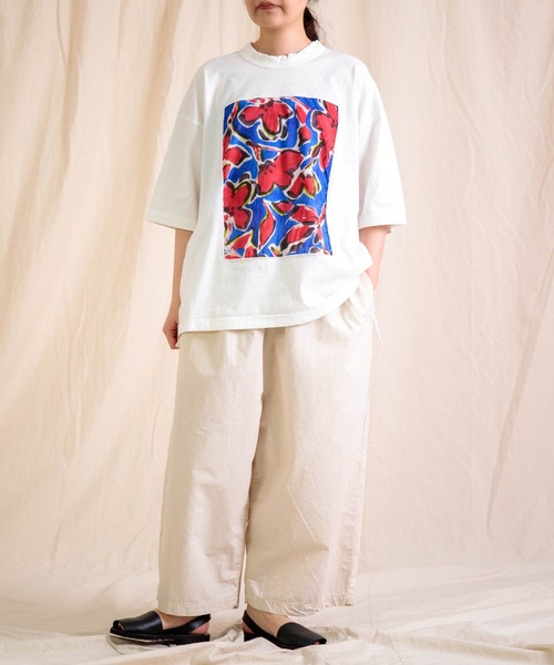 prit] 天竺×ローンラフボタニカルプリント 5分袖フレームTシャツ