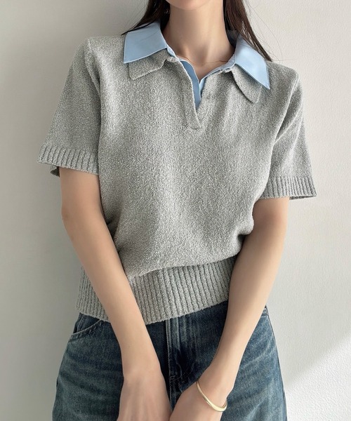 Meiru（メイル）の「襟付き半袖ミックスニットトップス（ニット/セーター・レディース・ブラック/ネイビー/グレー・LARGE/MEDIUM）」の2枚目の写真