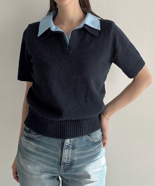 Meiru（メイル）の「襟付き半袖ミックスニットトップス（ニット/セーター・レディース・ブラック/ネイビー/グレー・LARGE/MEDIUM）」の9枚目の写真