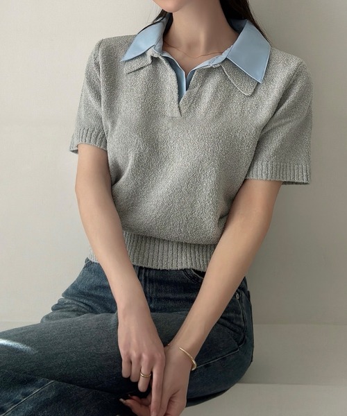 Meiru（メイル）の「襟付き半袖ミックスニットトップス（ニット/セーター・レディース・ブラック/ネイビー/グレー・LARGE/MEDIUM）」の13枚目の写真