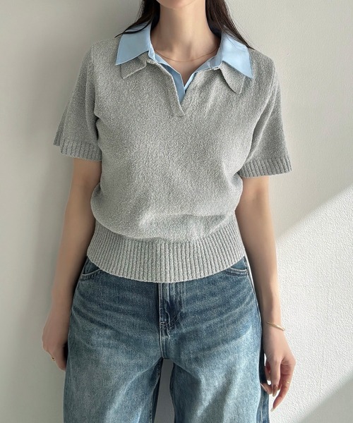 Meiru（メイル）の「襟付き半袖ミックスニットトップス（ニット/セーター・レディース・ブラック/ネイビー/グレー・LARGE/MEDIUM）」の14枚目の写真