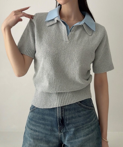 Meiru（メイル）の「襟付き半袖ミックスニットトップス（ニット/セーター・レディース・ブラック/ネイビー/グレー・LARGE/MEDIUM）」の15枚目の写真
