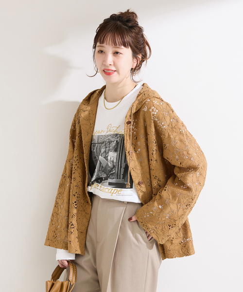B.C STOCK(ベーセーストック)の「手洗い可 / レースフードシャツ(シャツ/ブラウス・レディース・ブラック/ホワイト/キャメル・FREE)」の3枚目の写真