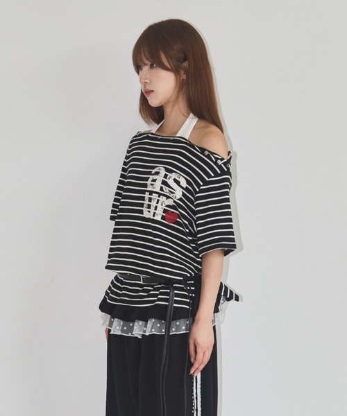 as you are(アズユーアー)の「◇ASYOUARE◇ブランド直輸入正規品/ストライプオフショルダーTシャツ STRIPED OFF-SHOULDER T-SHIRT(Tシャツ/カットソー・レディース・ブラック/チャコール/グレー・FREE)」の14枚目の写真