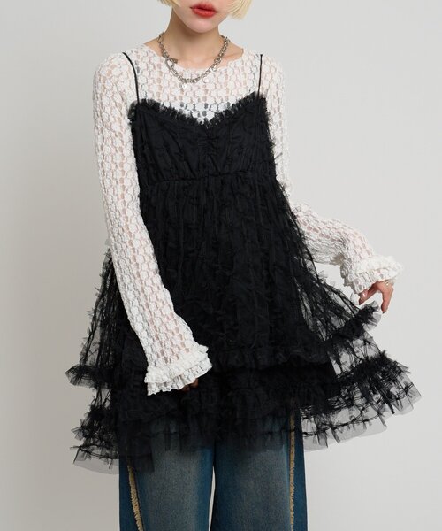 w closet（ダブルクローゼット）の「チュールリボンミニキャミワンピース（ワンピース・レディース・ブラック/アイボリー・FREE）」の2枚目の写真